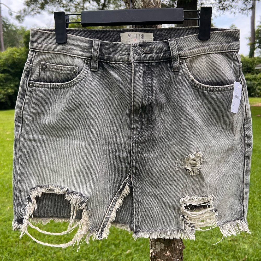 NWT We The Free Relaxed & Destroyed Denim Mini Skirt, Grey, Size 27